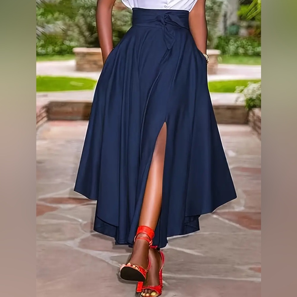 Yitemei Women’s High Waist Solid Swing Maxi Skirt w/Asymmetrical Hem & Pockets